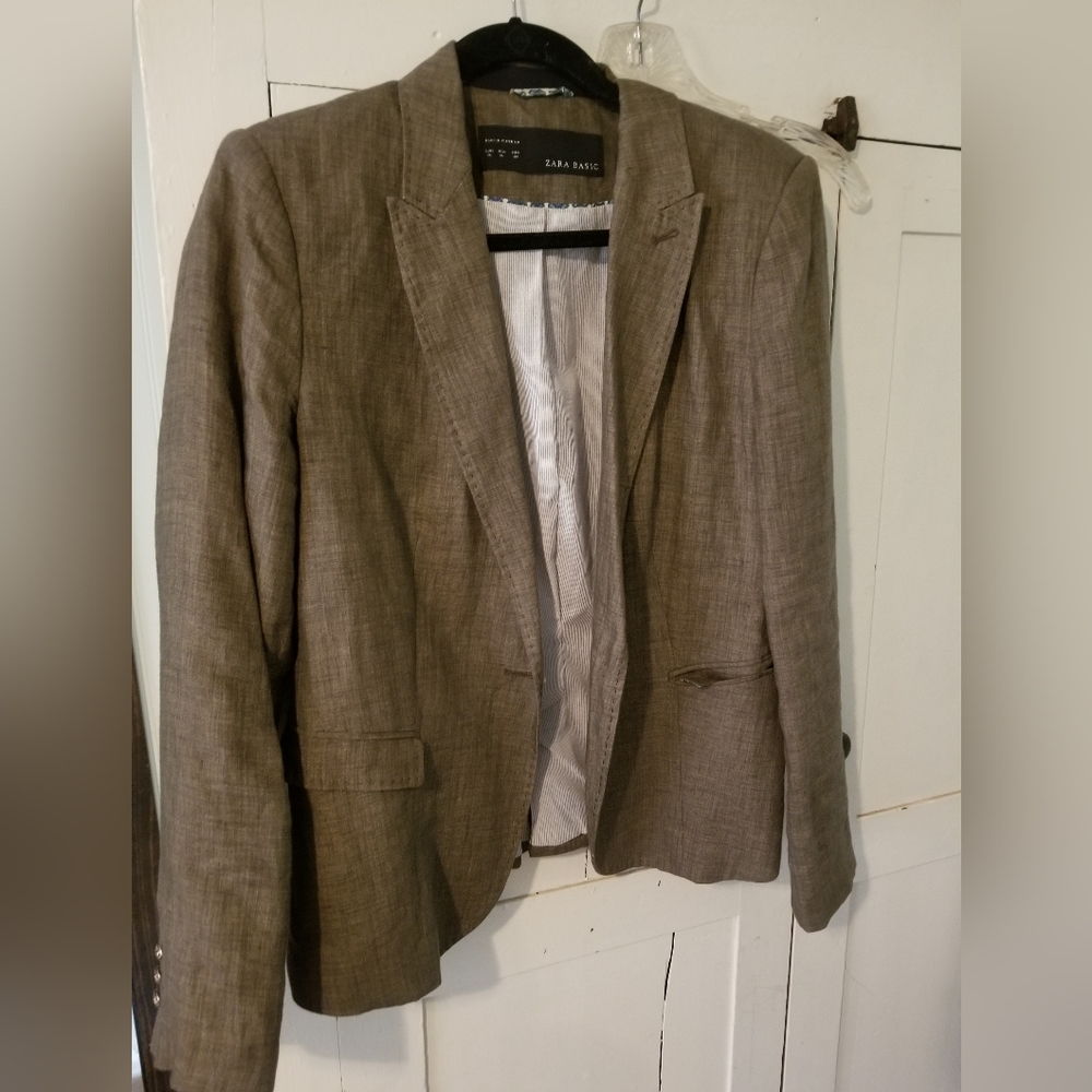 Zara Linen Olive Green Short Fitted Blazer Brass Buttons Pockets Lined XL